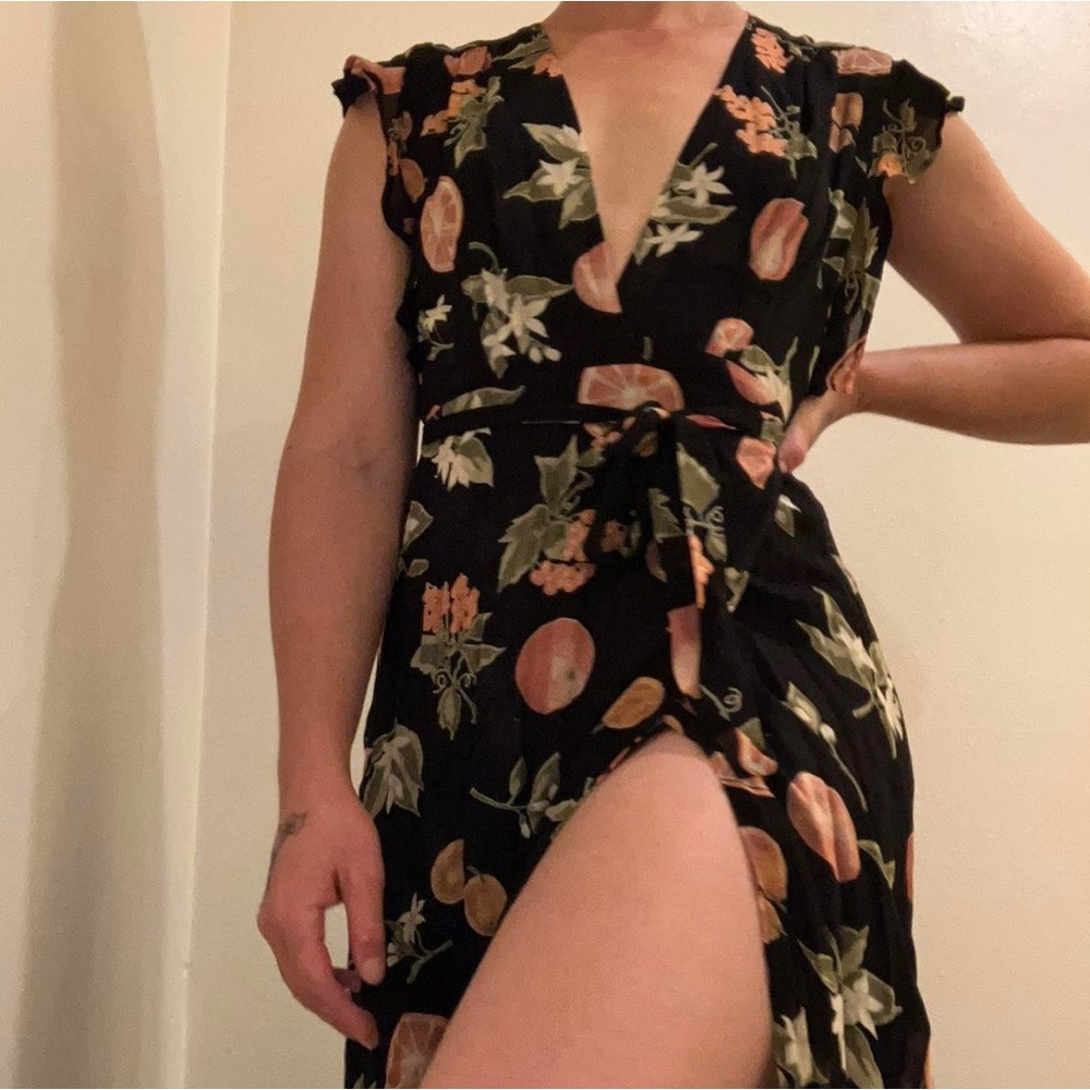 Reformation Black Floral Maxi Dress with Peach and Green Print